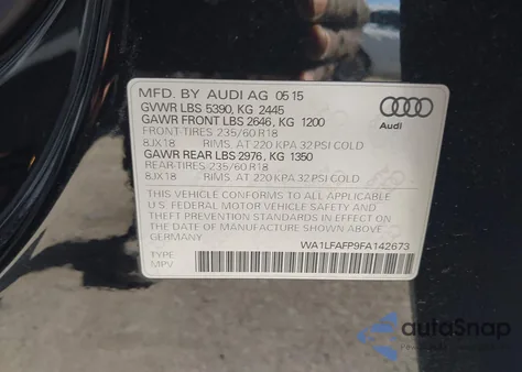 2015 Audi Q5 2.0T Premium из США, поврежденный, VIN WA1LFAFP9FA142673